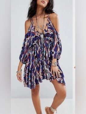 Free People mini dress  w/ cold shoulder, cutouts, tiered skirt, frayed hem S-M